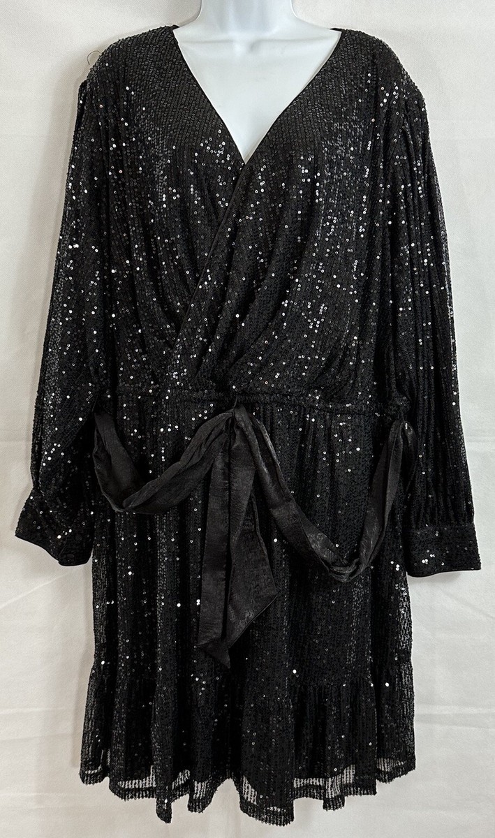 lauren conrad black sequin dress NWT Lauren Conrad Plus Sz 4X Formal Sequin Cross Over Sash Black Dress Lng  Slve