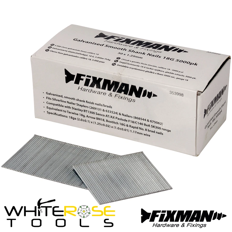 Fixman 18 Gauge Brad Nails Galvanised Smooth Shank 50mm Fixings 5000pc