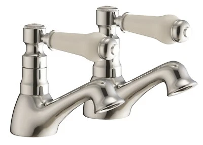 Traditional Basin Taps Pair with White Ceramic Lever Handles Chrome Solid Brass