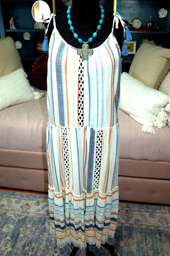 Blue Island Women Dress Sz XL Tie String Straps Fringed Hem FUN