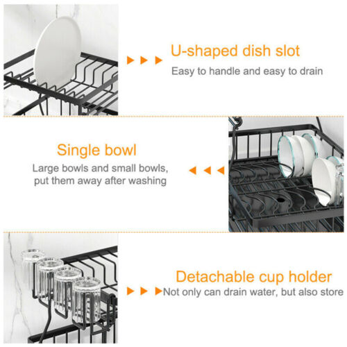 Dish Drainer Drying Rack with Cup Holder Foldable Cutlery Tray Kitchen Organiser - Picture 6 of 60