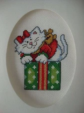 COMPLETED FINISHED CROSS STITCH CARD ''GIFT BOX WITH  KITTY"
