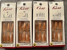 KISS Jewel Glamour NAILS GLUE ON Xtra LONG -Gingerbread-Drag Queen -7 Sets-BLING