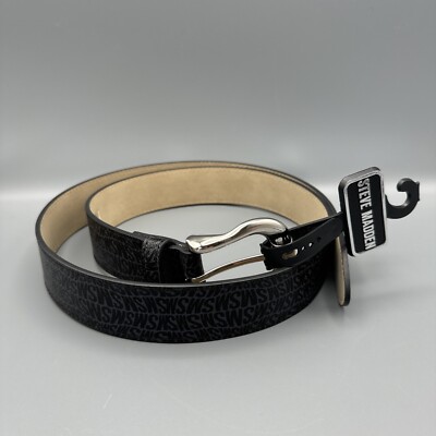 Steve Madden Belt Black SM Logo Print Chrome Buckle Size 