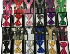 12 Colors Men & Women Sequin Bow Tie & Glitter Suspender Combo Great for Wedding