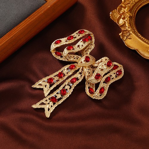 Vintage Gold Bow Brooch Red Rhinestone Luxury Pin - Picture 3 of 7