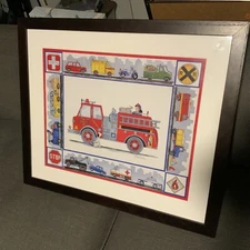 Marnie Bishop Elmer Rescue Trucks Print   15.75” X 19.75” VTG Professional Frame