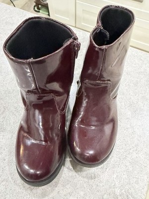 Zara Girls Maroon Patent Leather Zip  Round Toe Boots Sz 8