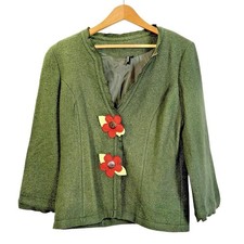 Ambition Wool Blend Blazer Women Large Pre-Owned Jacket Green Flower Button