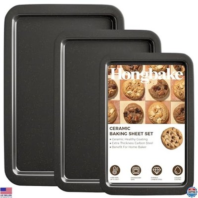 Ceramic Baking Sheet Pan Set, 3 Pack Cookie Trays, Dishwasher Safe, Dark Grey