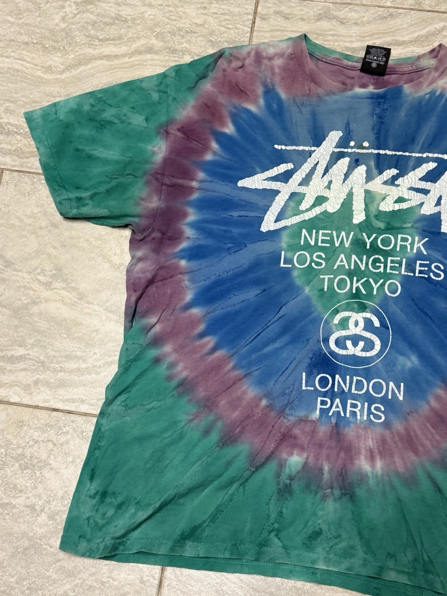 Stussy World Tour Tie Dye T-Shirt - Teal Purple - Size Large