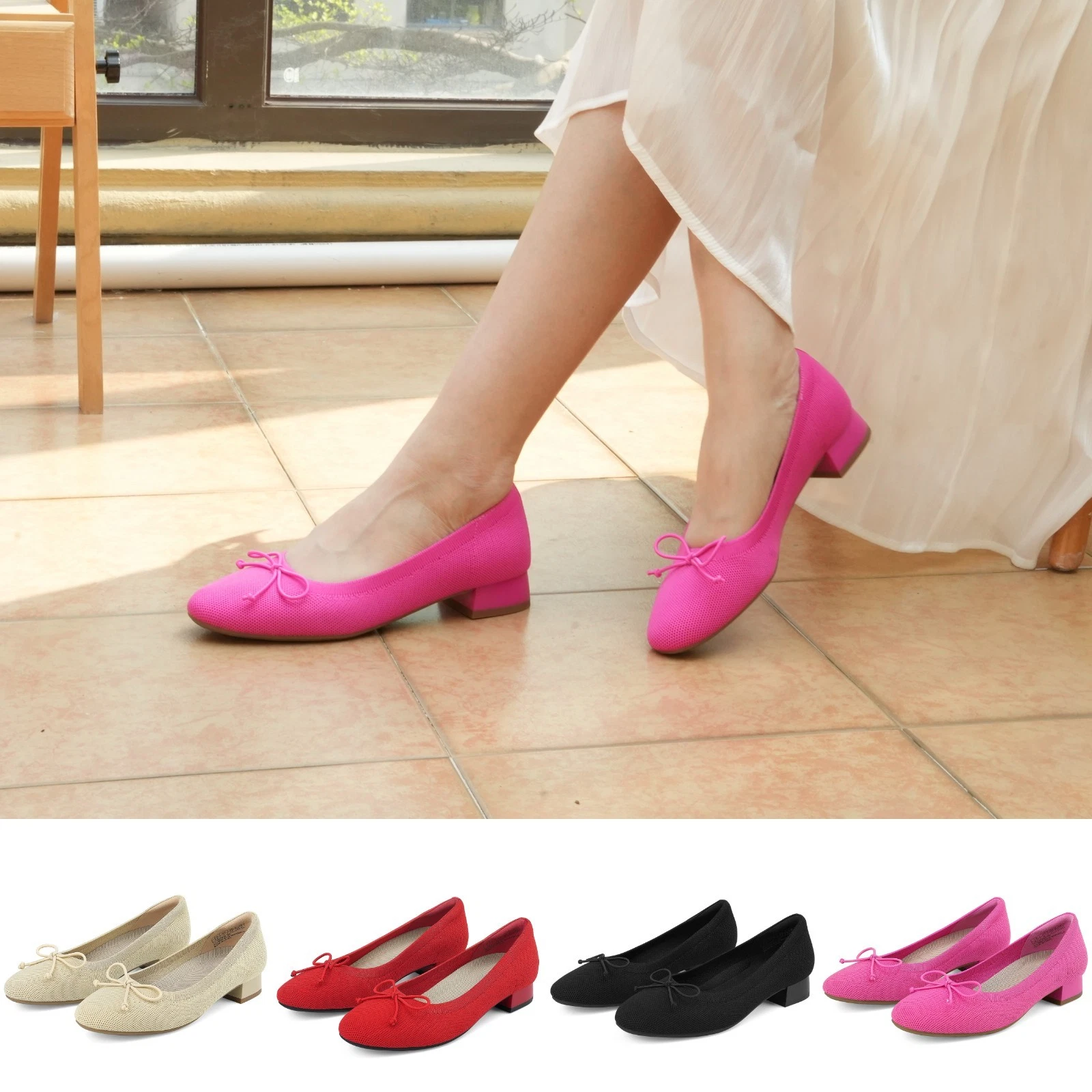 Women Chunky Pumps Low Block Heels Bow Knit Comfortable Office Dress Shoes