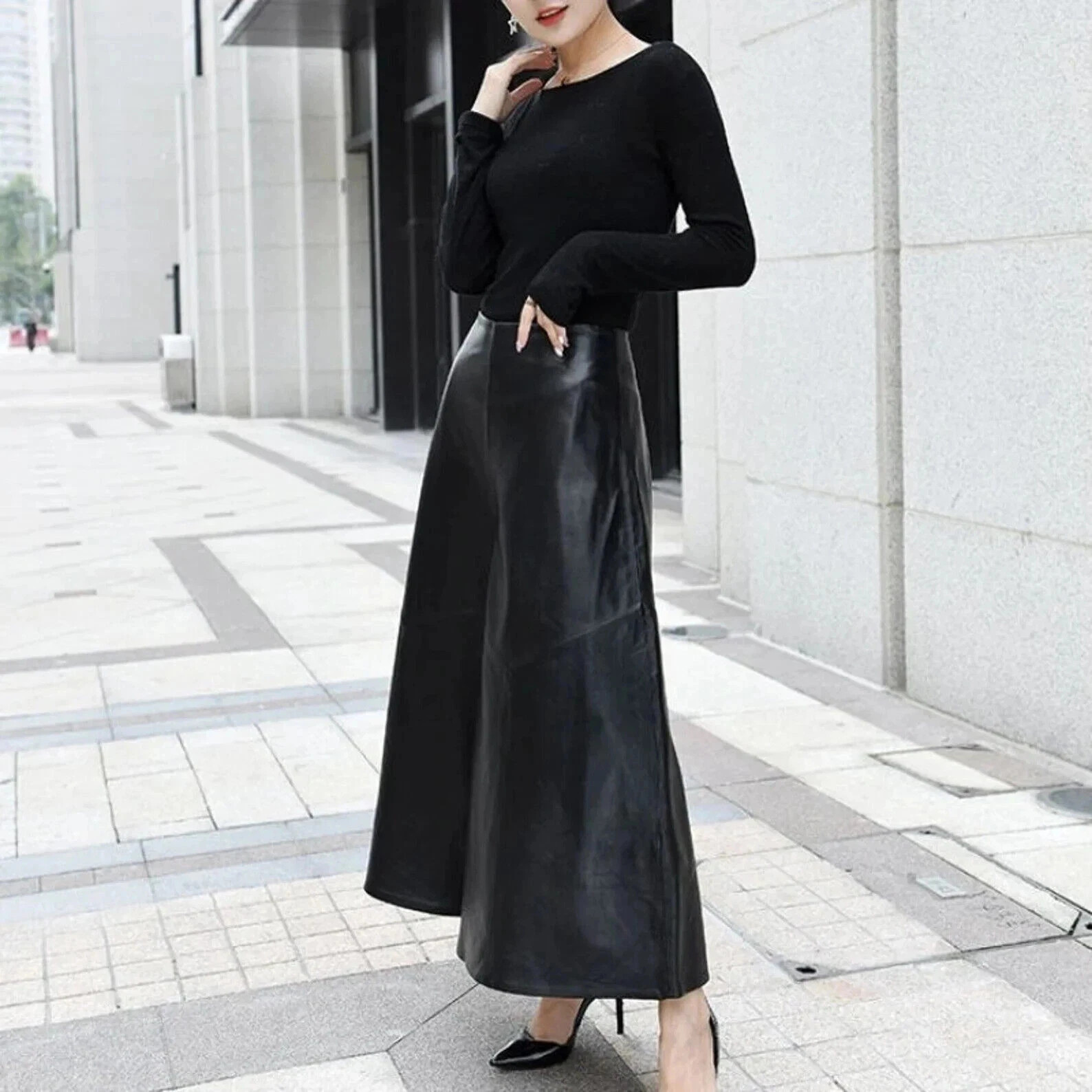 Culottes de pierna ancha de cuero sintético de talle alto negro por encargo y...