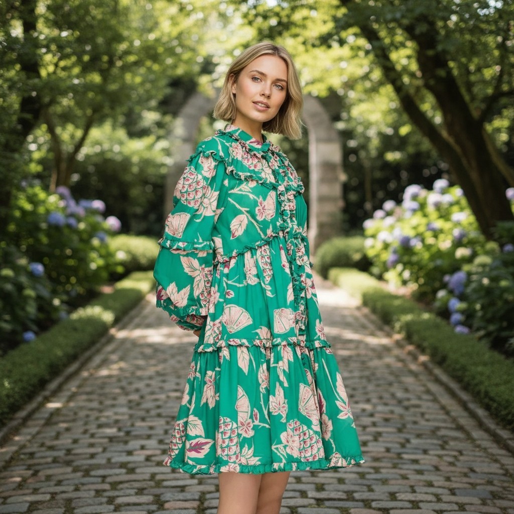 LEO LIN Pina Rosa Cotton Dress. Size 10 AUS, US 6. Floral. Frilled. Green.  | eBay
