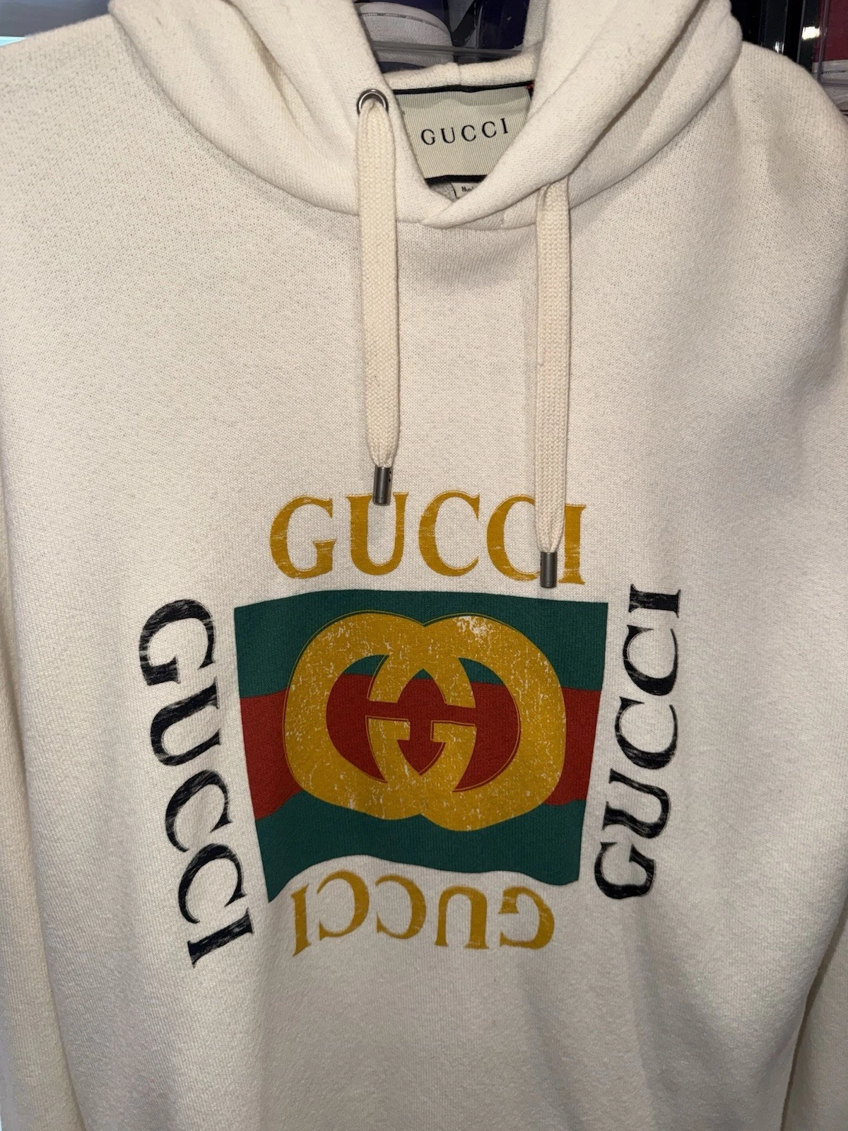 Autentica Felpa Gucci Uomo Oversize con Logo Felpa con Cappuccio Bianco Crema Medium