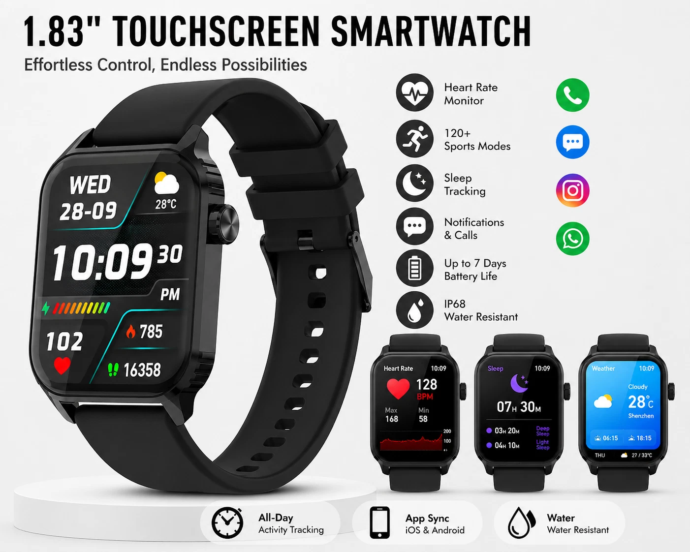 Smart Watch 1.83 HD Bluetooth Call 120 Sport Modes Heart Sleep IP67 Black 2024!