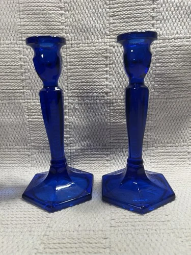 Vtg Fenton Florentine Cobalt Blue Glass Candle Holders Hexagon Base #449 8.5"Set