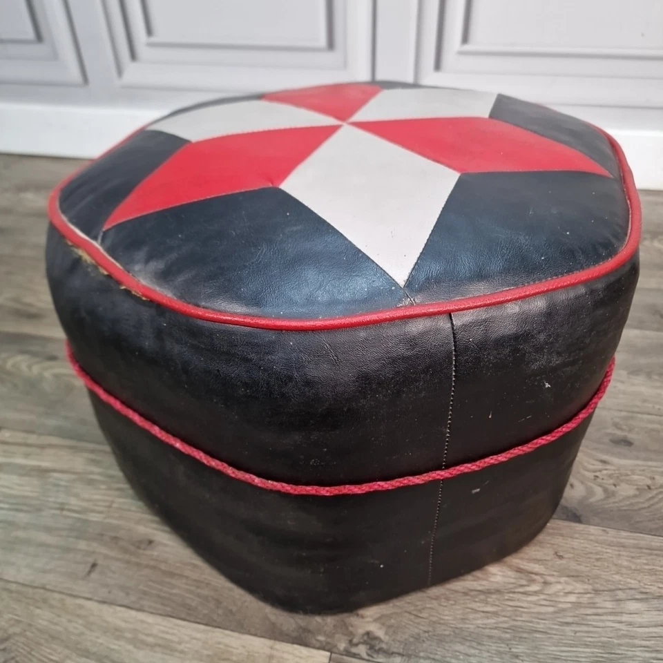 Vintage Black Red Patterned Foot Stool Pouffe Leather Ottoman Retro Moroccan - Image 2 of 4