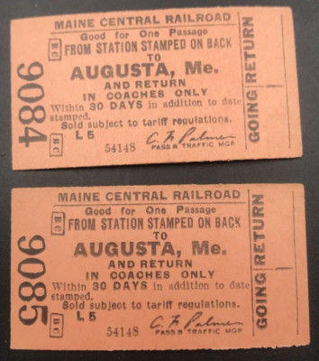 Posten von zwei (2) Vintage Maine Central Railroad MEC Augusta Reisebusse orange Ticket