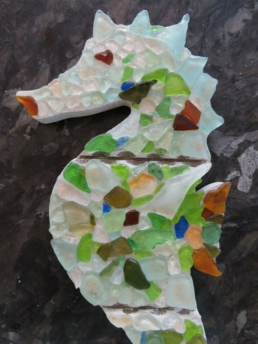Genuine SEA GLASS Mosaic SEAHORSE Wall Decor Hook Towel Jewelry Keys Hand Made - 第 2/4 張圖片