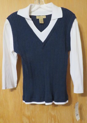 Notations Womens 2 in 1 White Long Sleeve Blouse Navy Blue Vest Size Medium