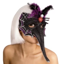 Halloween Masquerade Mask Long Nose With Spider Cobweb & Feather Detail Glitter
