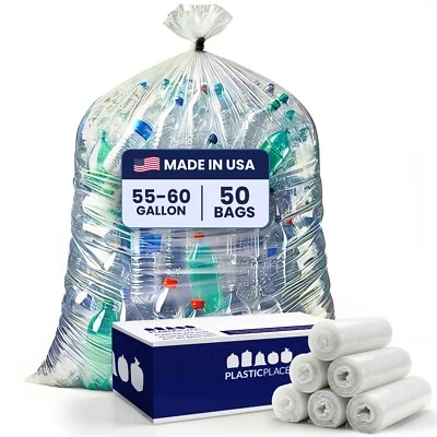Plasticplace 55-60 Gallon Clear Trash Bags, 50 Count