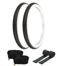 TWO TIRES 26 X 2.125 WHITE WALL W/ YELLOW LINE BRICK TREAD W/ TUBES & RIM STRIP