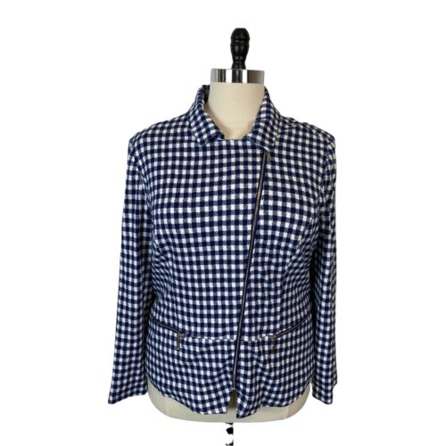 Chico's Gingham Moto Jacket Women's Size 16 L Navy White Check New Gift Holiday