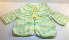 Vintage Baby Sweater Hand Knit Crocheted Green Yellow White Ties Unused size 3-4