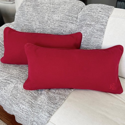 2 Lauren Ralph Lauren Monogram Red Throw Lumbar Decorative Pillow Covers 25x14" - Picture 3 of 9