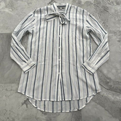 Elizabeth And James Womens Medium Blue White Stripe Tie Neck Button Down Shirt