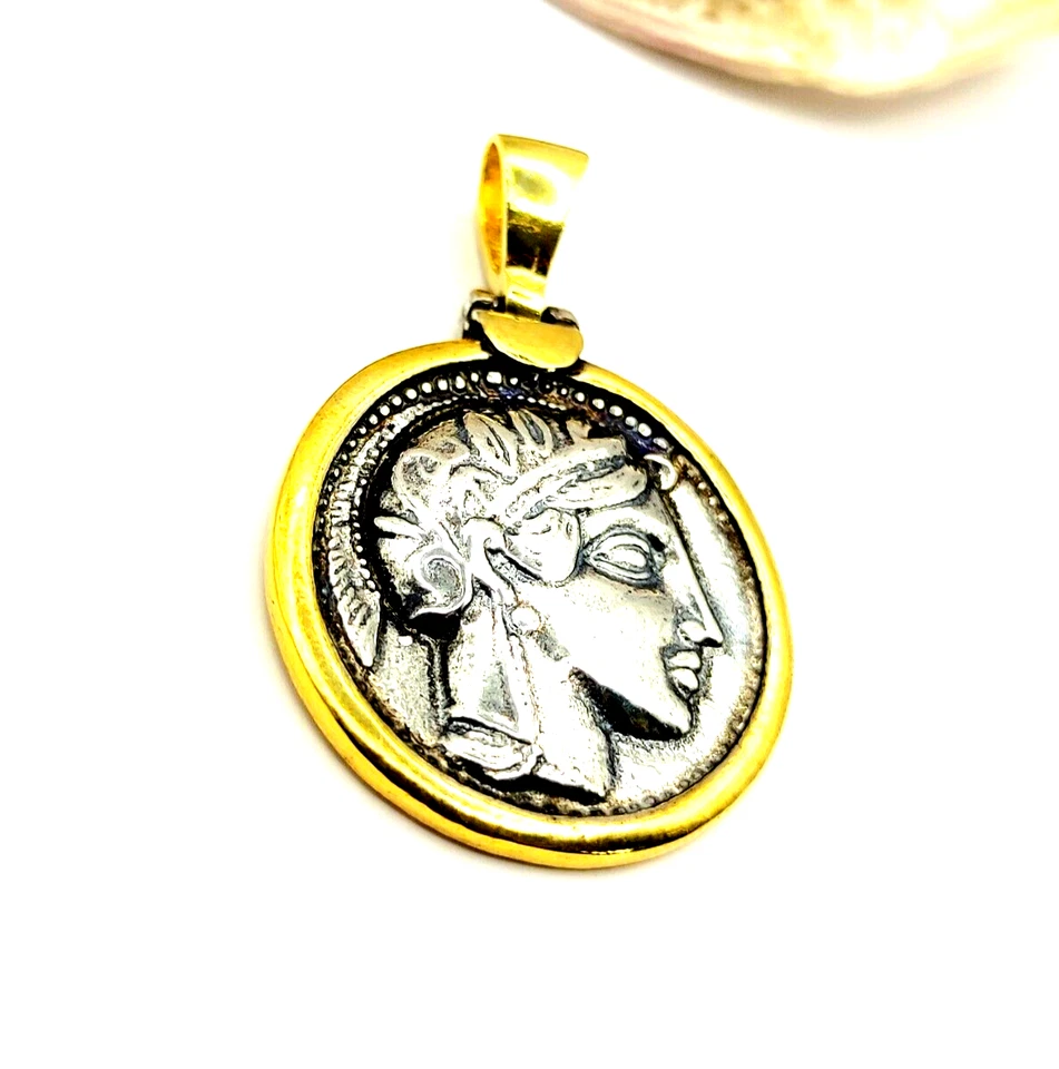 Moneda Griega Búho Atenea Tetradracma Plata de Ley 925 Colgante Dos Tonos Foto 2 de 4
