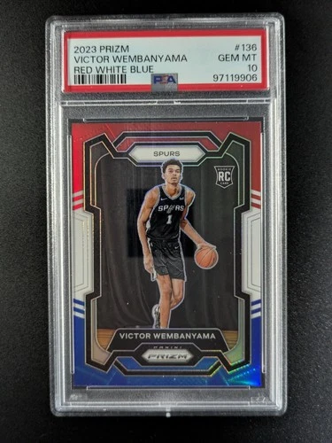 2023-24 Panini Prizm VICTOR WEMBANYAMA RC Red/White & Blue #136 PSA 10 POP 663