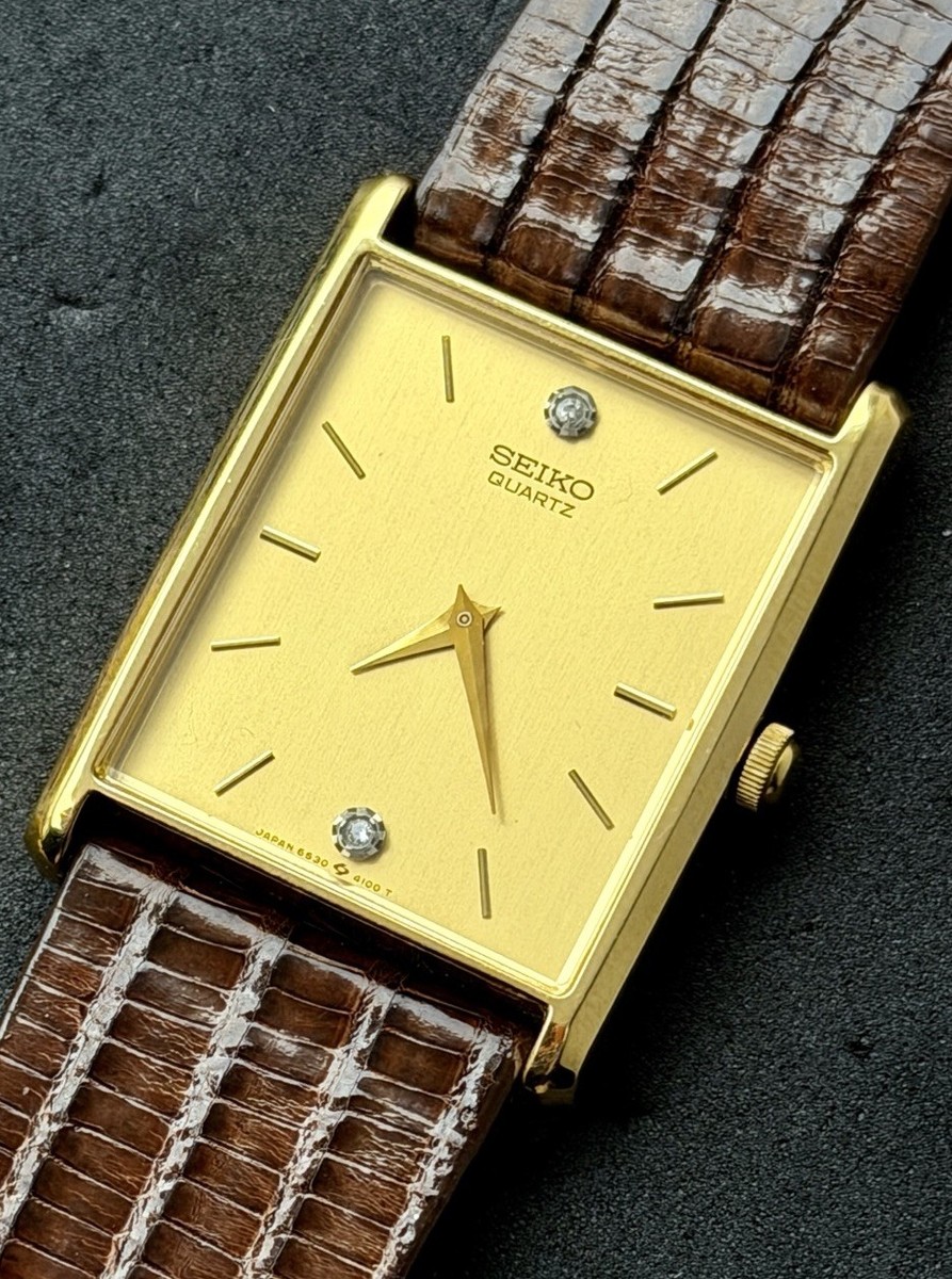 Vtg New 1986 SEIKO Tank Men's 34mm Quartz Watch Gold Case Dial