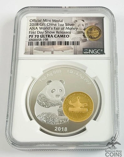 2018 China ANA Money Fair .999 Silver 1oz Panda Gilt Medal NGC PF70 Ultra Cameo