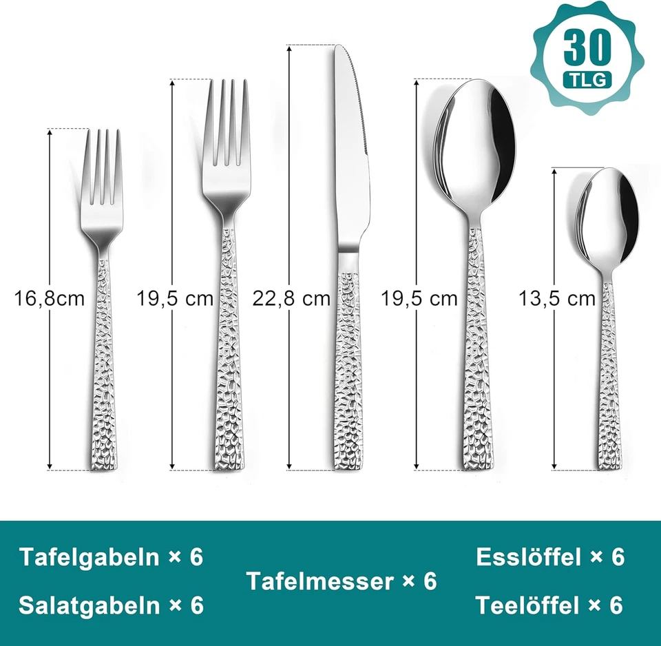 Besteck Set, 30-Teilig Edelstahl Poliert Besteckset Für 6 Personen, Gehämmertes  - Bild 2 von 4