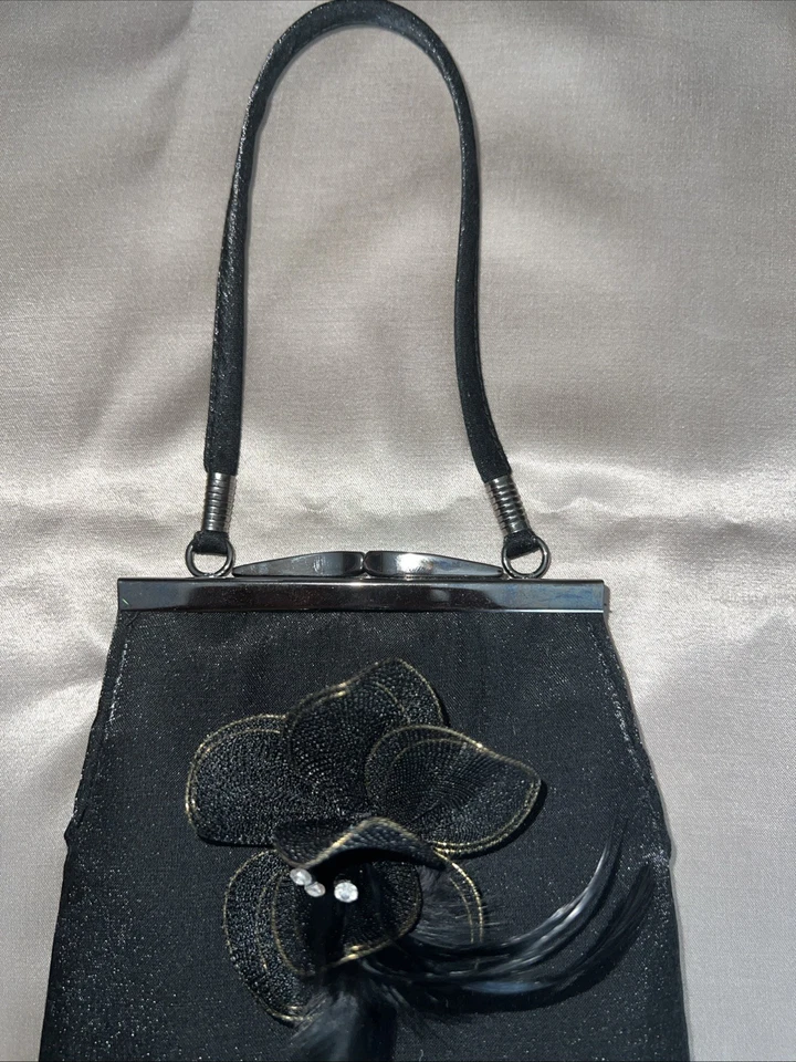 Vintage Cache Black Clutch W/ Fringe And Floral PinAccent w/ A touch Of feather - Image 2 of 4