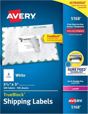 Avery 5168 Shipping Labels 3-1/2 x 5 White Laser Sure Feed 400 Labels