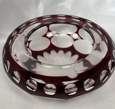 Vintage Sanyu Do Kiriku Ruby Cut-To-Clear Ashtray Trinket Japanese Art Glass