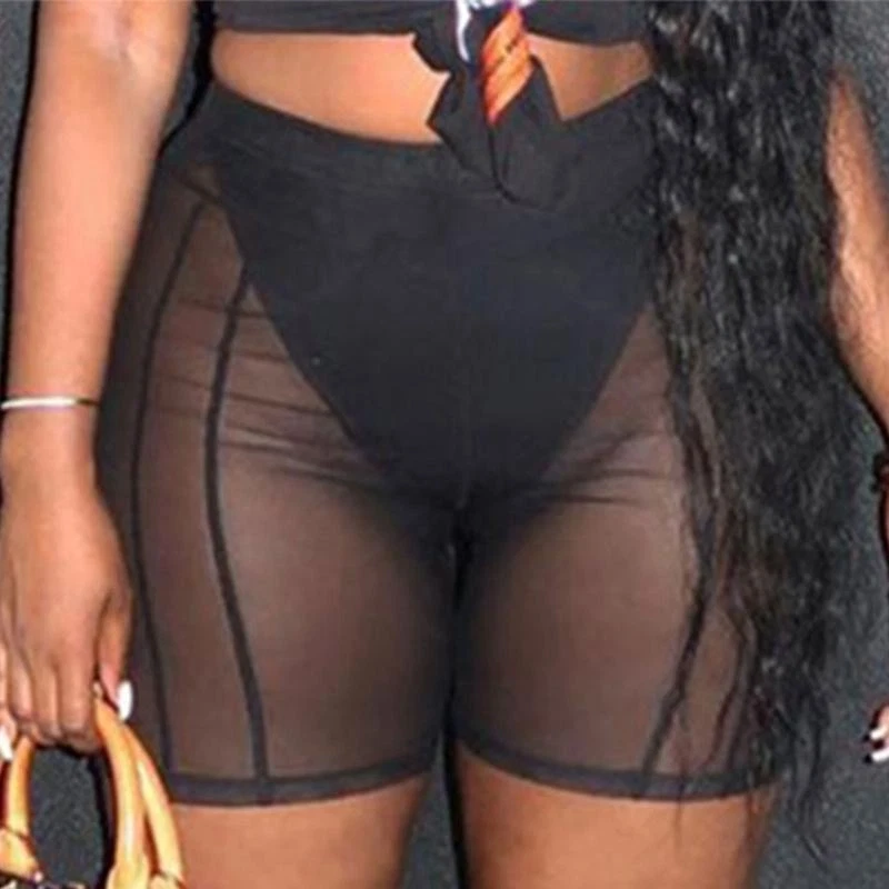 Mujeres Sexy Deporte Malla Cintura Alta Motociclista Pantalones Cortos Ver a Través Leggings Pantalones Cortos Foto 3 de 4