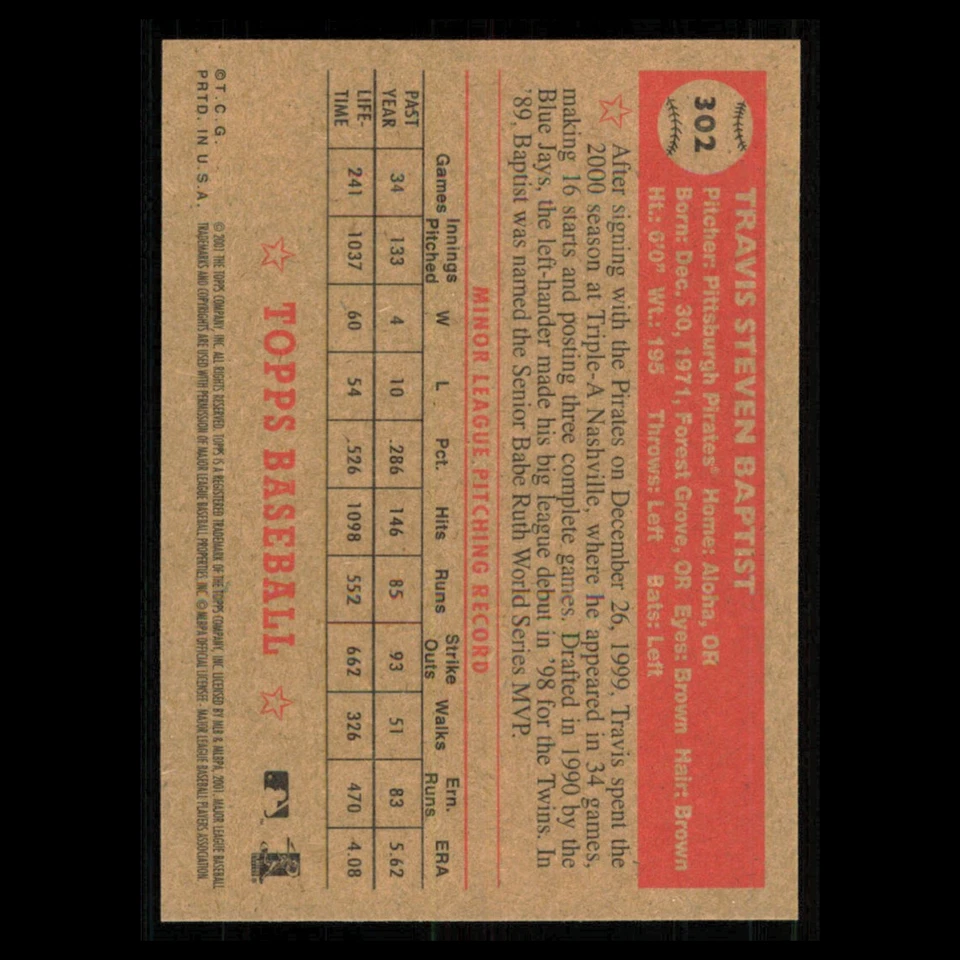 Travis Baptist Rookie #302 2001 Topps Heritage Pittsburgh Pirates Baseball Card - Image 2 of 3