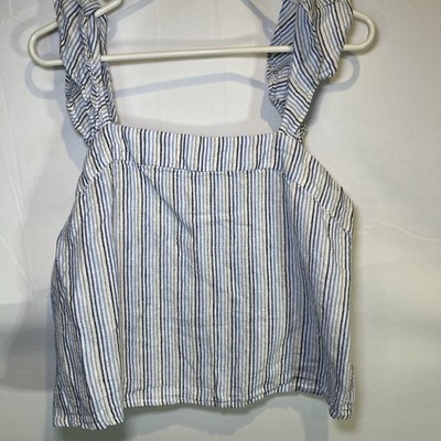 Line and Dot Linen Crop Ruffle Sleeve Tank Top Shirt Medium Sleeveless Blue