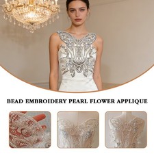 White Bead Embroidery Pearl Flower Applique Bridal Wedding Dress Front and Back