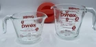 Vintage PYREX 2 Cup W/ Lid & 1 Cup Measuring Cup Pitcher Red Letter Open Handle