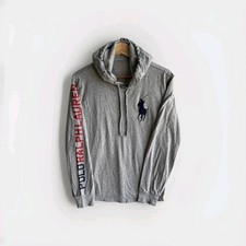 Polo Ralph Lauren Hoodie Shirt Men Small Gray Big Pony Logo Spellout Long Sleeve