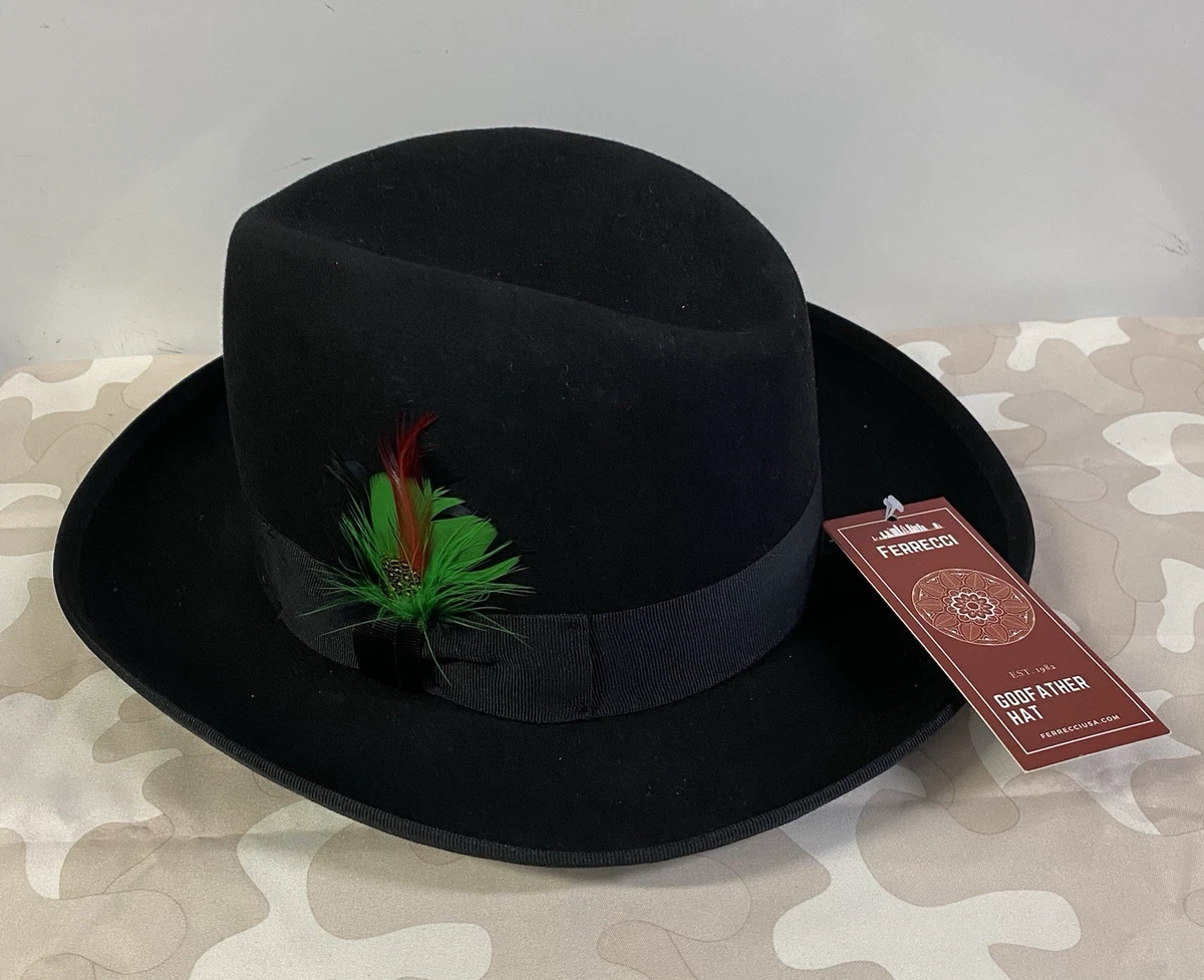 FERRECCI BLACK WOOL FEDORA HAT W RIBBON TRIM & FEATHER SZ MEDIUM Ferrecci Small Black Red Fedora Hat at Amazon Men main image 2