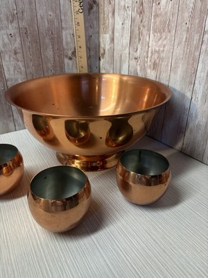 Vintage MCM Copper Craft Guild Pedestal Copper Punch Bowl 12x6 & 3 Cups FREE S/H