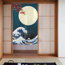 Japanese Noren Curtain Doorway Divider Great Wave and Full Moon Restaurant Do...