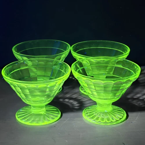 Vintage Anchor Hocking Block Optic Uranium Green Glass Dishes - Set of 4